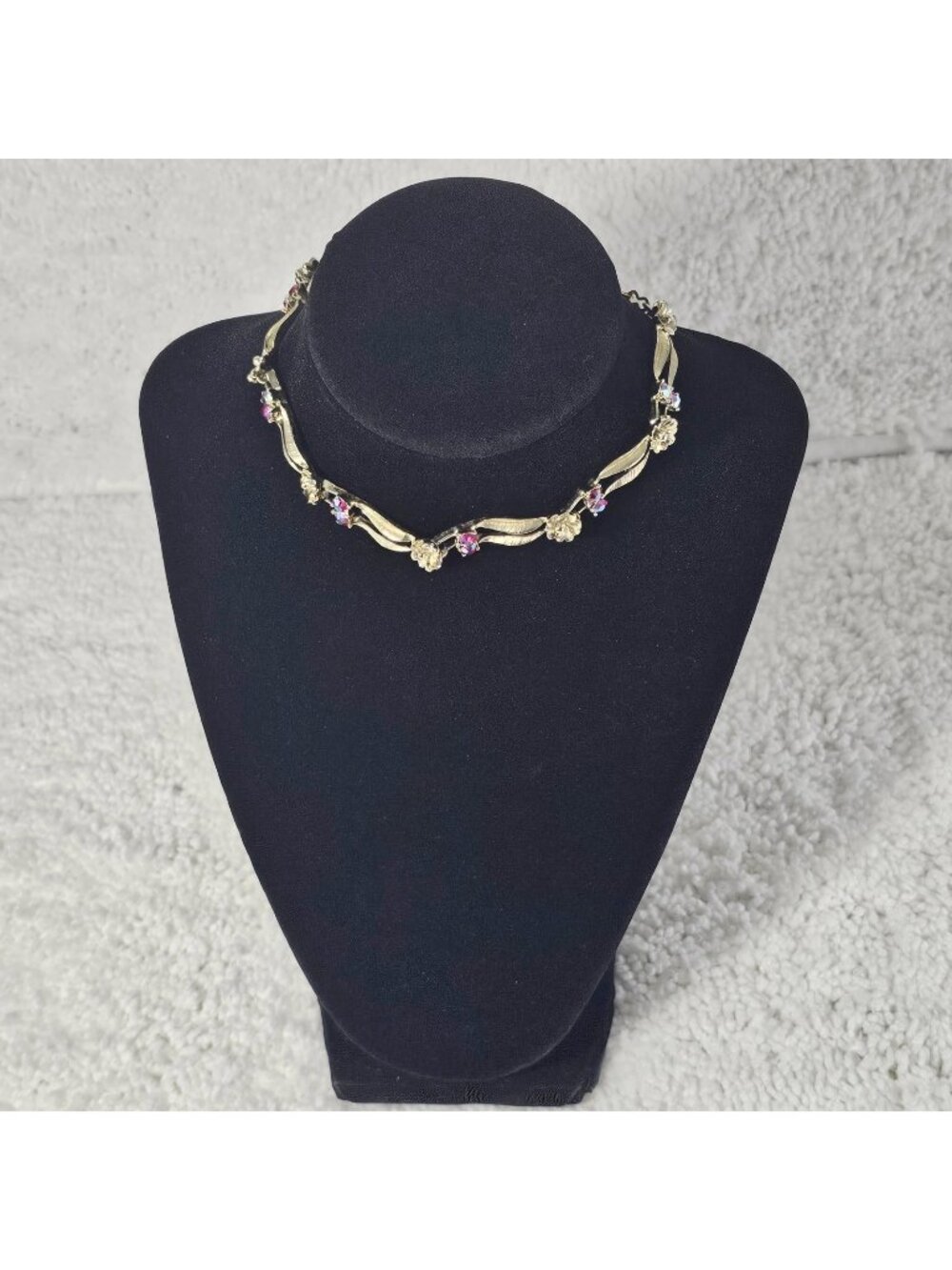 Vintage Gold-Tone Floral & Aurora Borealis Rhinestone Choker Necklace